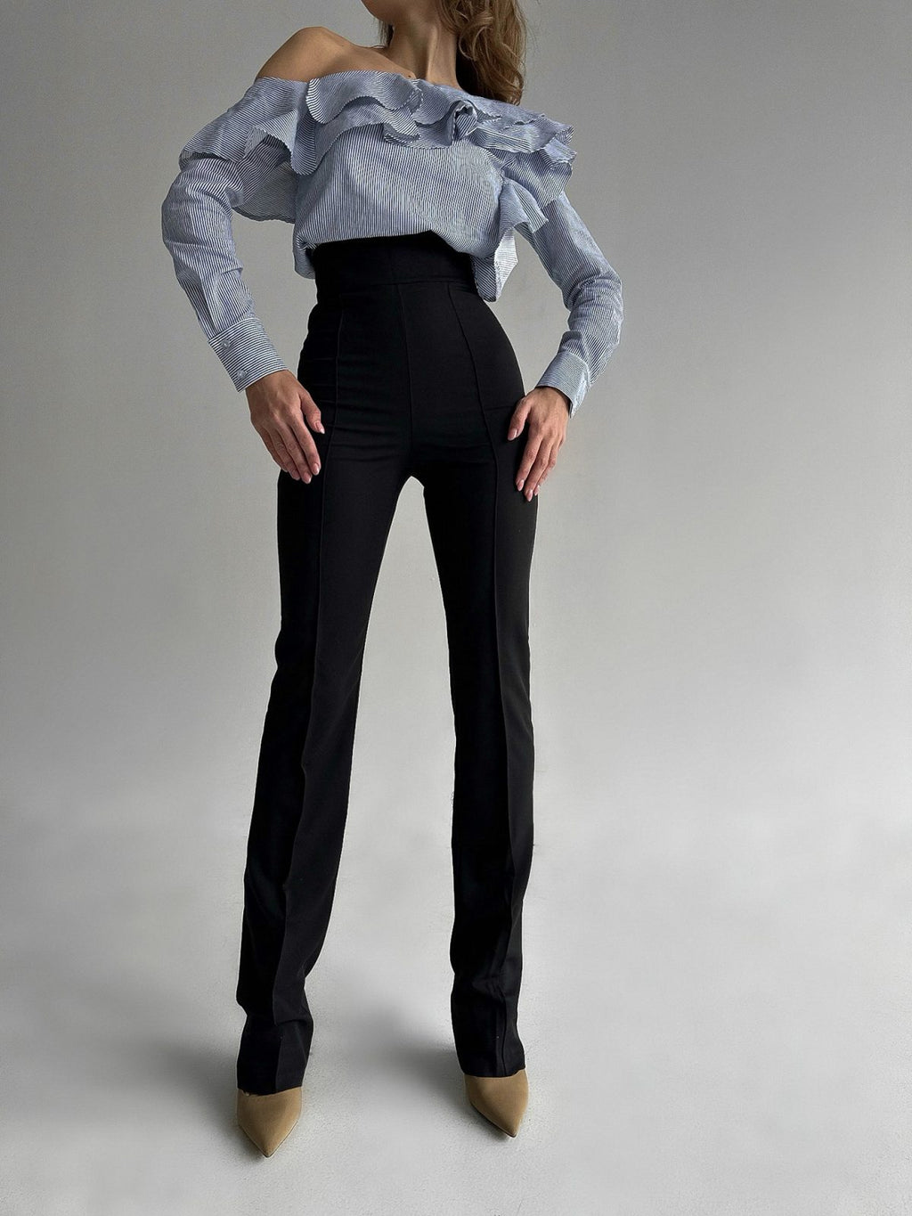 ruffle Front view of asymmetric ruffle blouse with vertical front detail — GLOWSYOU