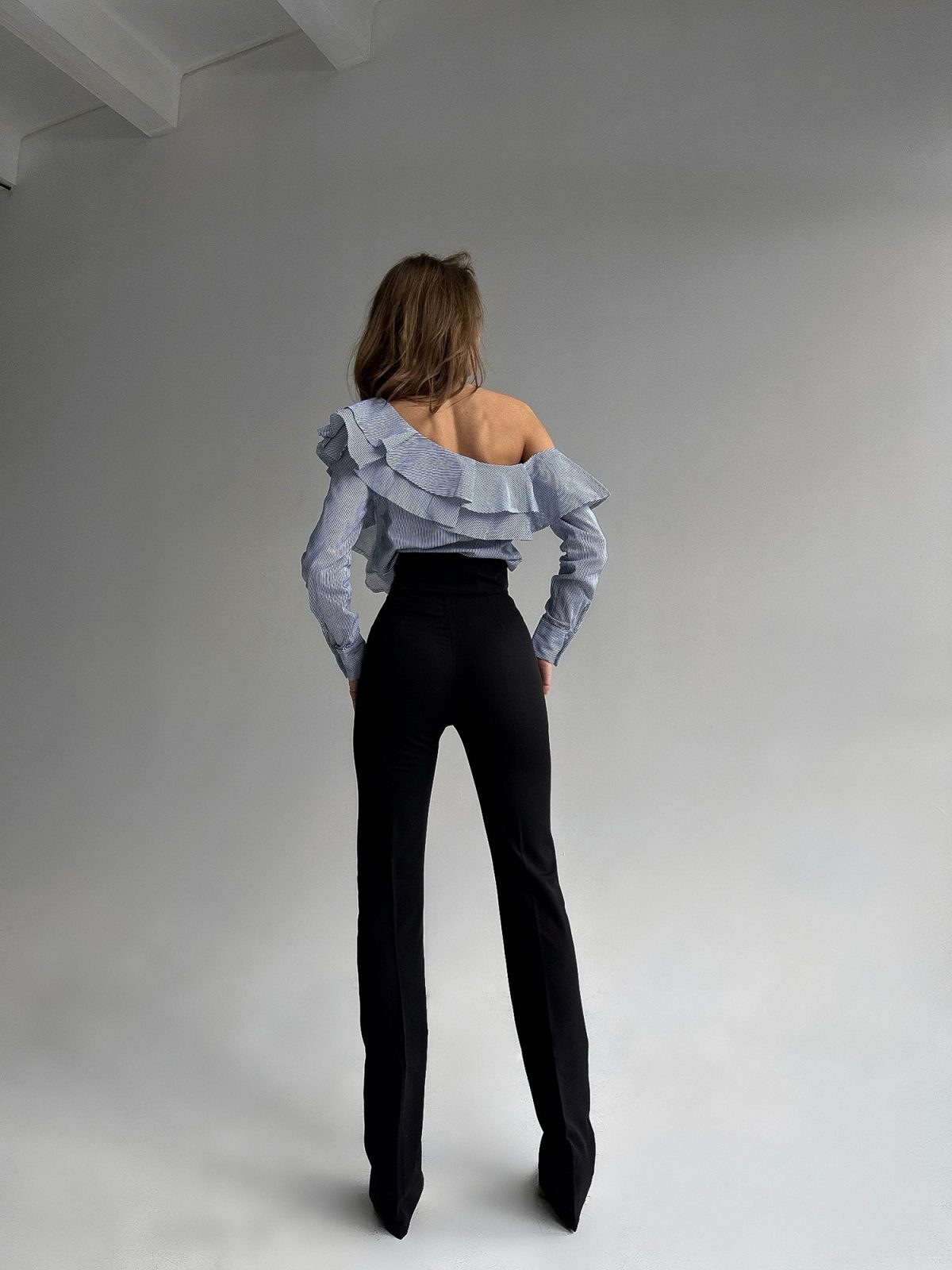 One-Shoulder Ruffle Blouse | Blue & White Stripe Asymmetric Top | GLOWSYOU